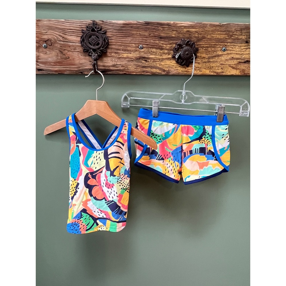 LL Bean Kids Size 4 Tankini Swimsuit Set Abstract Tropical Print UPF‎ 50+ 516898